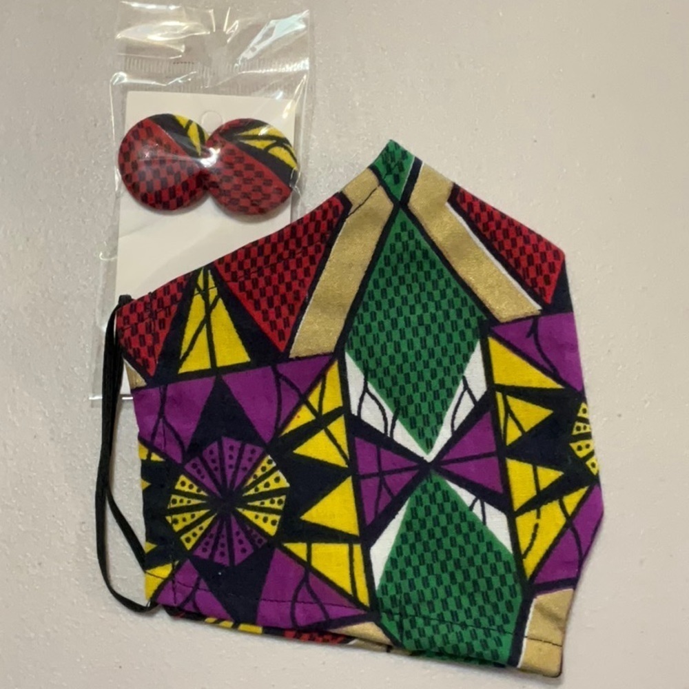 Hand Crafted Ankara African Print Face Mask and Button Earrings Purple Red Gold